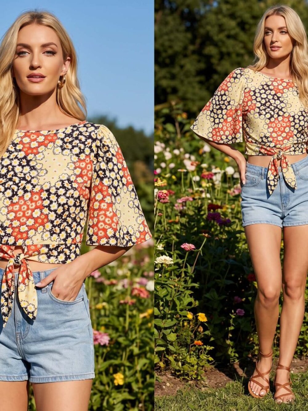 Floral Print Tie Front Bell Sleeve Crop Top